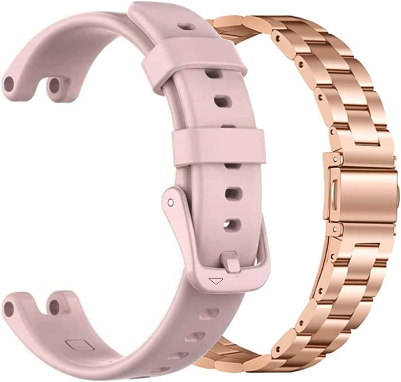 EANWireless Compatible for Garmin Lily Band, Silicone Sport Strap + Metal Classic Stainless Steel Replacement Slim Accessory Fit for Garmin Lily Smartwatch Women Dressy, Rose Gold+Pink - Image 1